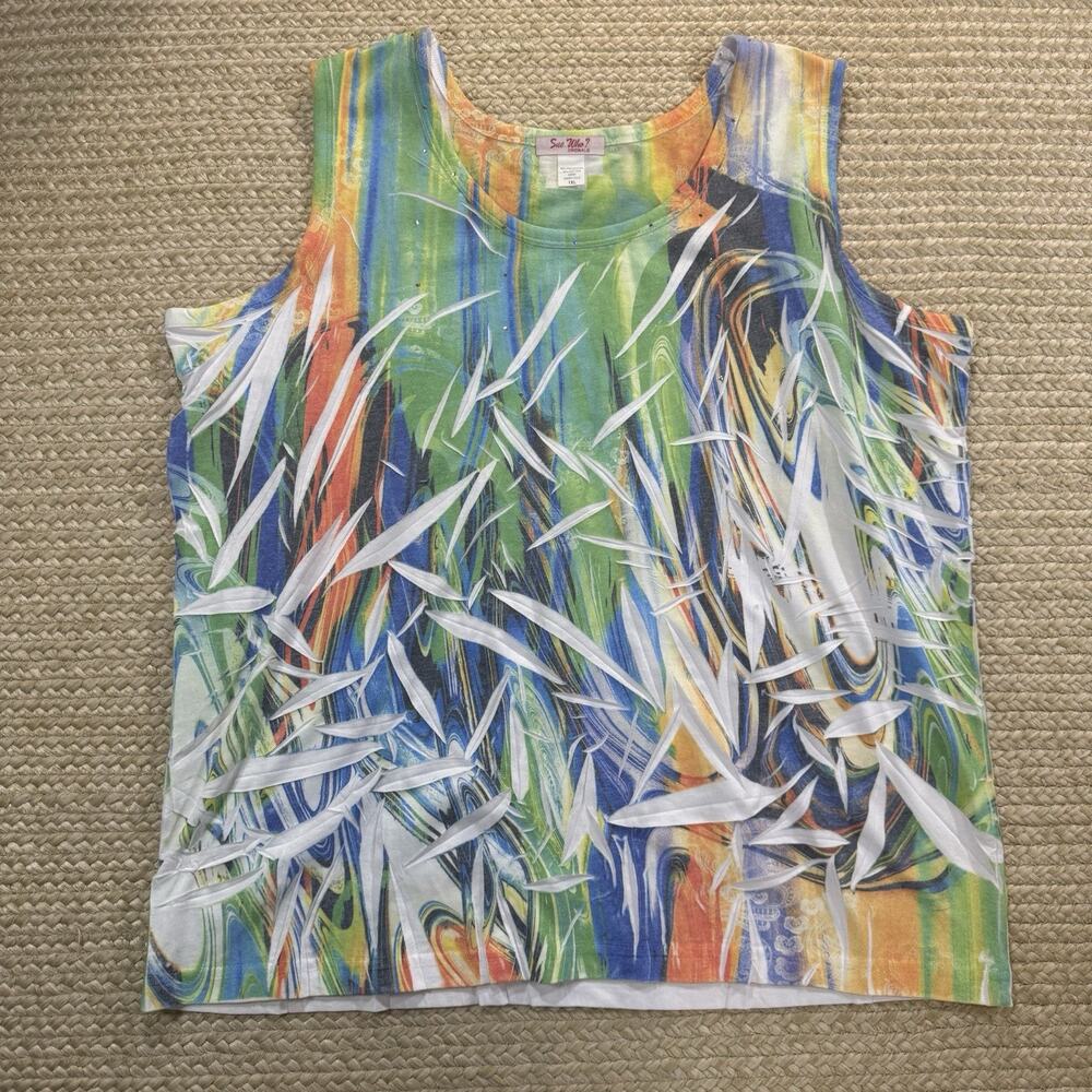 Sue Who? Originals Vibrant Sleveless Tank Top Abstract Print Rhinestone Size 1XL